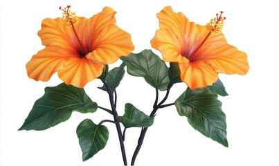 Obraz premium Vibrant orange hibiscus flowers with lush green leaves against a white background, ideal for floral design