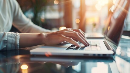 A woman is typing on a laptop