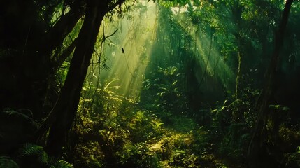 Obraz premium Sunbeams pierce dense jungle foliage, illuminating a mysterious path.