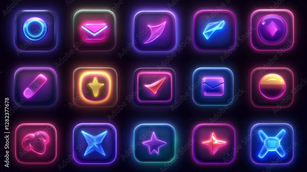 Poster group of colorful glowing neon icon buttons with various shapes on black background