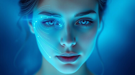 Futuristic vision, Woman with digital interface overlays in blue tones