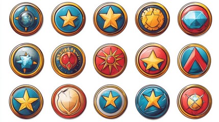 Collection of Pixelated Circular Game Badges with Stars and Geometric Art