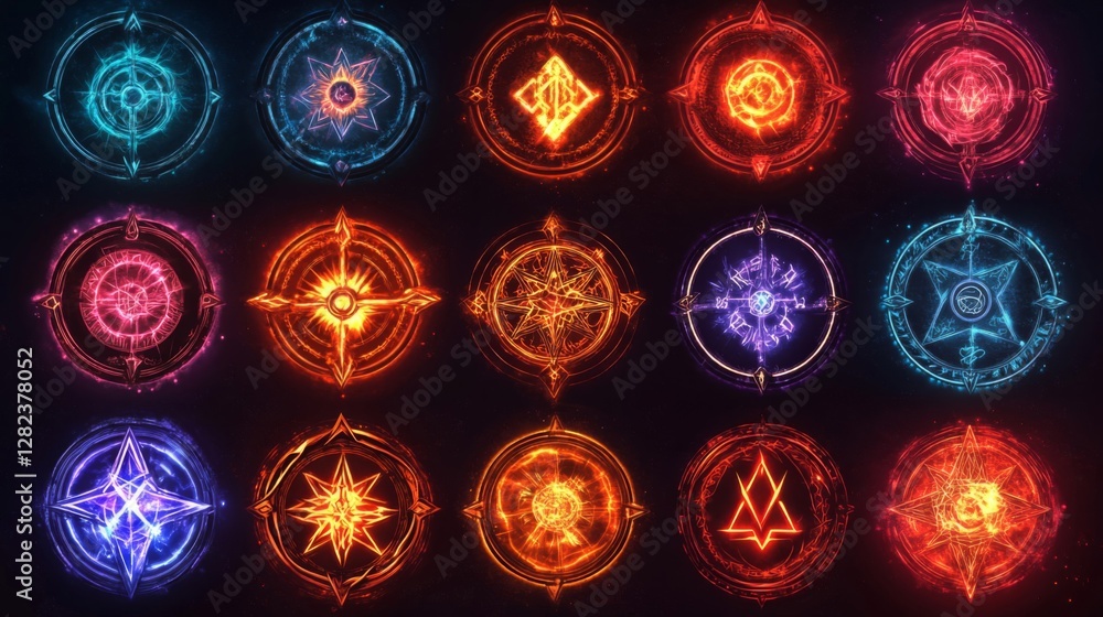 Poster array of glowing magic circles with intricate light effects on dark background