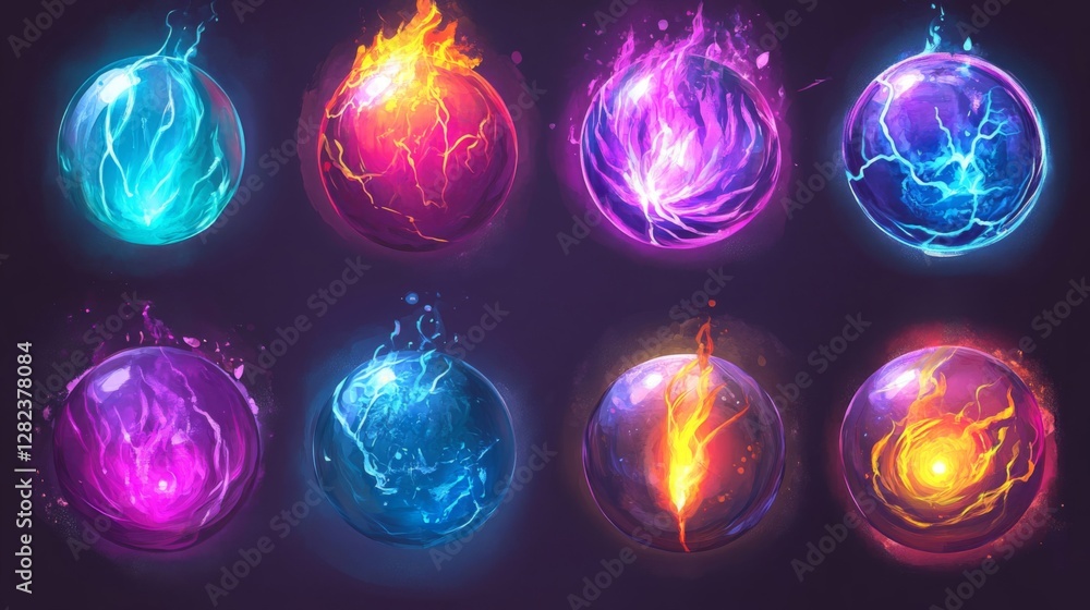 Poster collection of glowing orbs with plasma effect and fire element on dark background