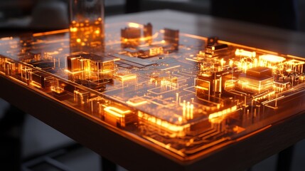 Digital cityscape with glowing circuitry highlights modern technology and innovation in a creative workspace