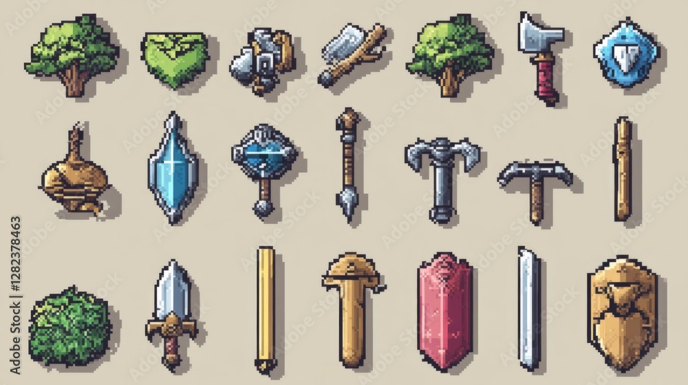 Aufkleber assorted pixel art game assets on beige background including weapons and resources