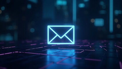 Futuristic neon email icon on geometric grid - Digital communication - Tech blog post