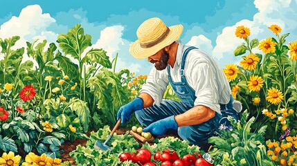 Farmer Harvesting Vegetables In A Sunny Garden
