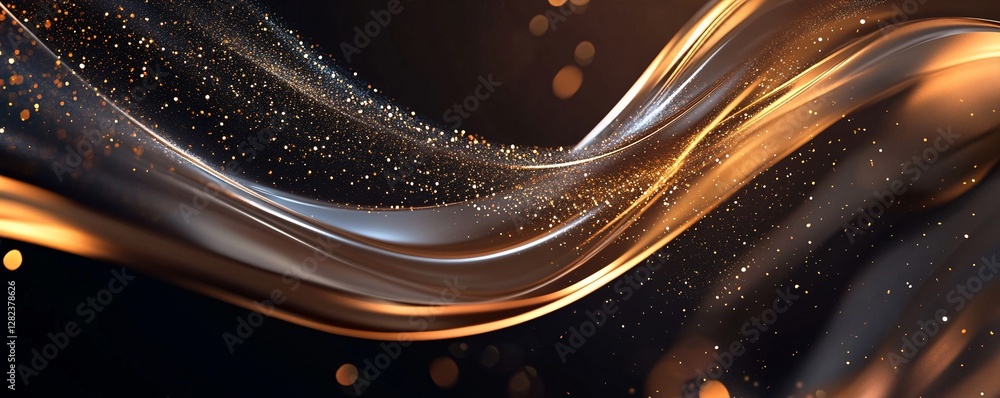 Poster golden particles flowing along abstract wave on black background