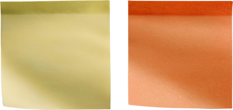 Two blank pastel yellow and orange sticky notes isolated transparent background