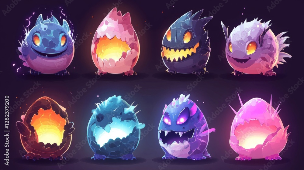 Poster set of pixelated monster eggs characters in various colors and expressions on dark background