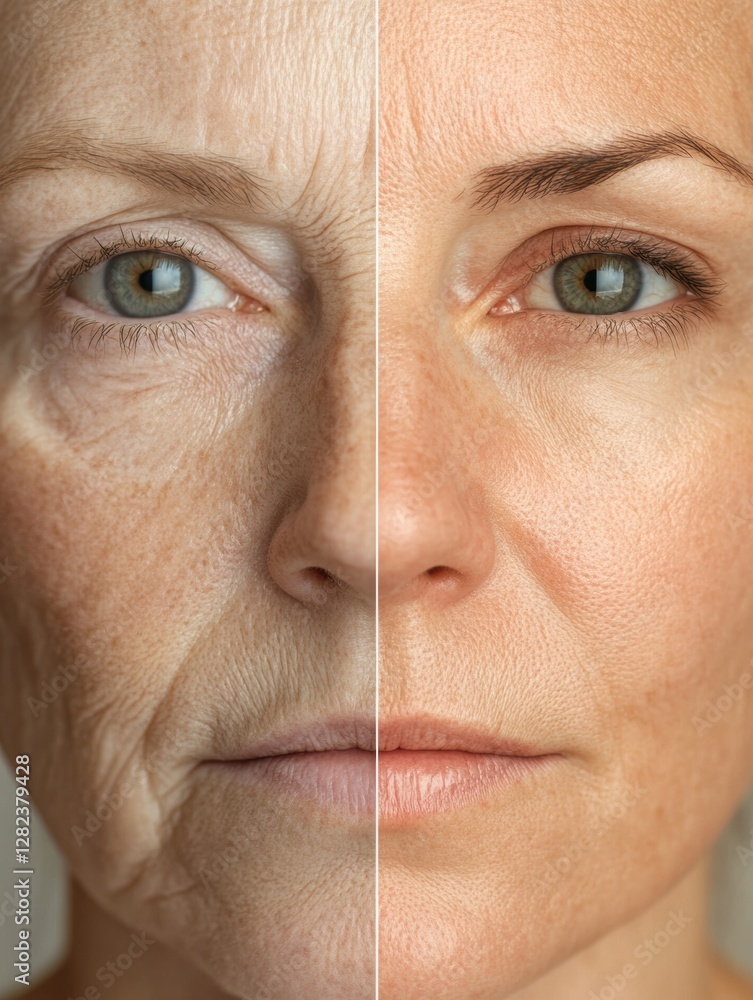 Fototapete transformation of facial features showcasing aging versus youthful appearance in a split view. gener