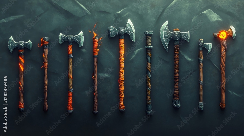 Poster collection of pixel art battle axes and hammers on dark gray textured background