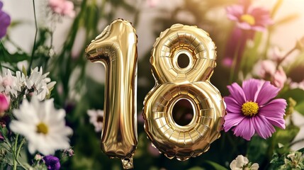 Fototapeta premium Golden balloons celebrating 18th birthday surrounded by vibrant flowers, creating a festive atmosphere for a special occasion, birthday celebration concept
