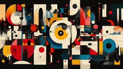 Geometric abstract composition with circles rectangles squares and bold colors