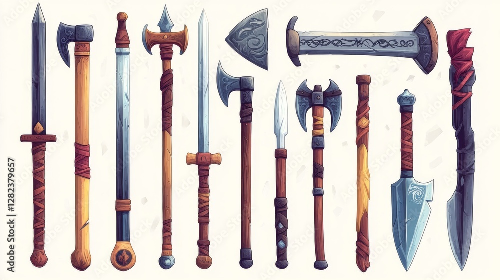 Poster array of pixel art game weapons featuring swords and axes on white background