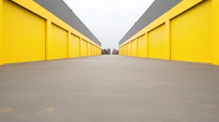 Empty warehouse row with yellow doors
