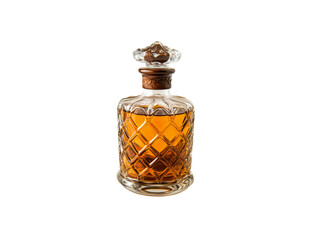An elegant glass decanter filled with amber liquid, featuring a diamond pattern and a decorative...