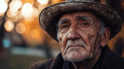Close-up portrait of a pensive elderly man wearing a hat outdoors.