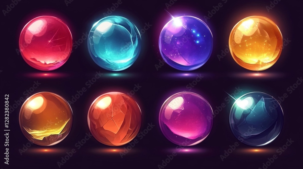 Poster a collection of glowing spheres in multiple colors on a dark background