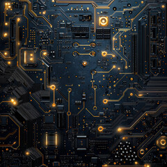 Fototapeta premium Close-up view of an enhanced electronic circuit board, showcasing ICs, capacitors, resistors, and other discrete components The image uses light effects for aesthetic illumination, hig - AI-Generated