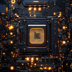 Fototapeta premium Close-up image of a vibrant motherboard, highlighting its CPU socket and surrounding components like resistors and capacitors - AI-Generated