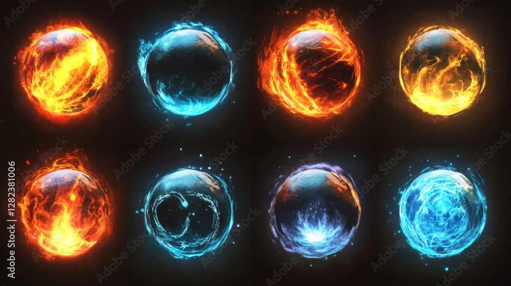 Poster collection of eight abstract spheres showing fire and ice element on dark backdrop