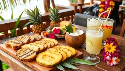 Grilled pineapple and drinks are displayed for a tropical setting