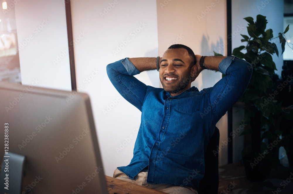 Fototapete relax, night and man in office with completed project on data protection with firewall for deadline.