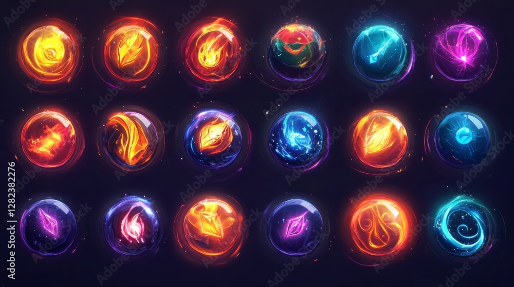 Poster collection of glowing orbs in various colors on dark background magic elements