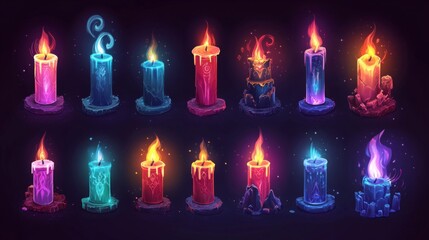 Collection of Pixel Art Candles with Flickering Flames and Vintage Design Elements