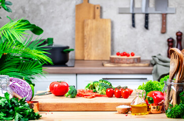 Wholesome Dining, Cooking Adventures, and Food Blogging. Oak Cutting Board with Chopped Veggies in a Cozy, Wooden Kitchen