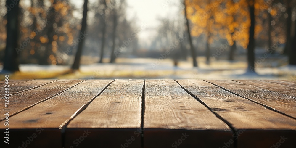 Aufkleber rustic wooden table in snowy autumn park setting