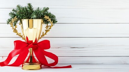 Festive golden trophy adorned with greenery and a vibrant red ribbon, perfect for celebrating...