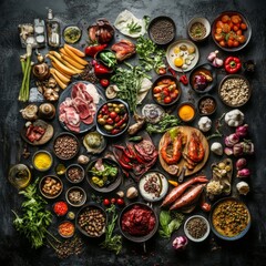 Diverse tabletop spread with fresh meats vegetables and spices for culinary delight