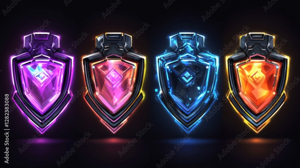 Poster set of glowing shields in various colors with intricate designs on black background