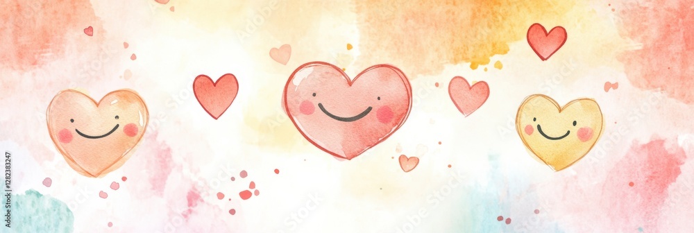 Leinwandbilder whimsical watercolor hearts with smiling faces in playful colors creating a joyful atmosphere for ce