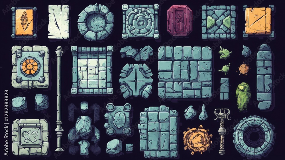Poster pixel art game tileset with stone texture and retro medieval design