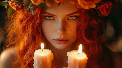 Naklejka premium Young woman with red hair holds lit candles surrounded by flowers, creating a mystical atmosphere in an intimate setting