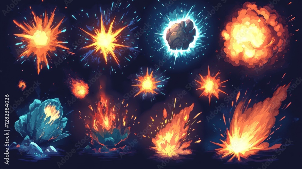 Poster array of pixelated fire explosions on dark background generative graphic