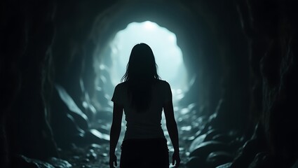 Fototapeta premium Silhouette of woman walking towards light - finding hope - inspirational social media post