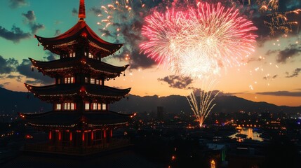 Fototapeta premium Spectacular Fireworks Display Over Illuminated Pagoda at Night