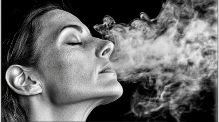 Woman exhaling smoke with closed eyes, captured in dramatic black and white