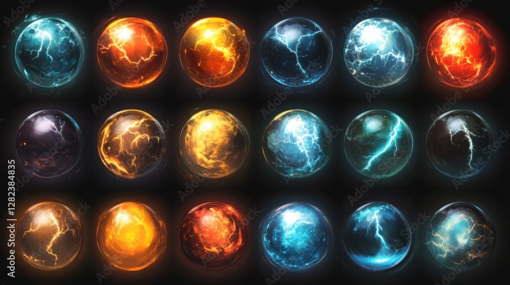 Poster collection of abstract spherical orbs with glowing fractured surfaces on dark backdrop