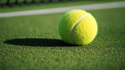 Professional tennis ball with visible curved seam, sitting perfectly on a fresh green surface, top-down.