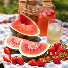 Watermelons and strawberries on a picnic blanket