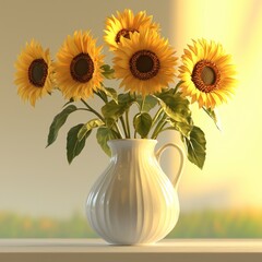 Sunflowers in a white vase on a windowsill.