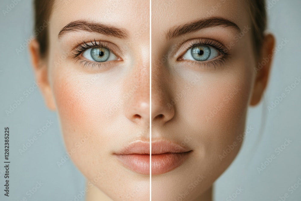 Poster womans face comparison showing wrinkled side versus smooth side under natural light conditions in a 