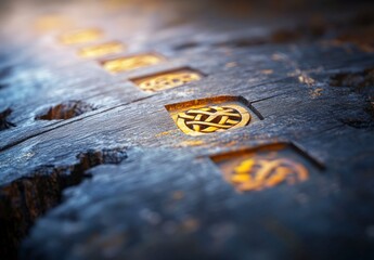 Intricate Wooden Texture with Golden Symbols and Illuminated Details Captured in Soft Natural Light