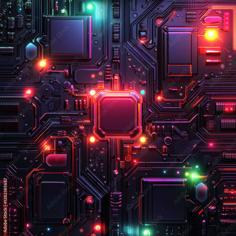 Poster the image showcases a complex, vibrant electronic circuit network with glowing components in various